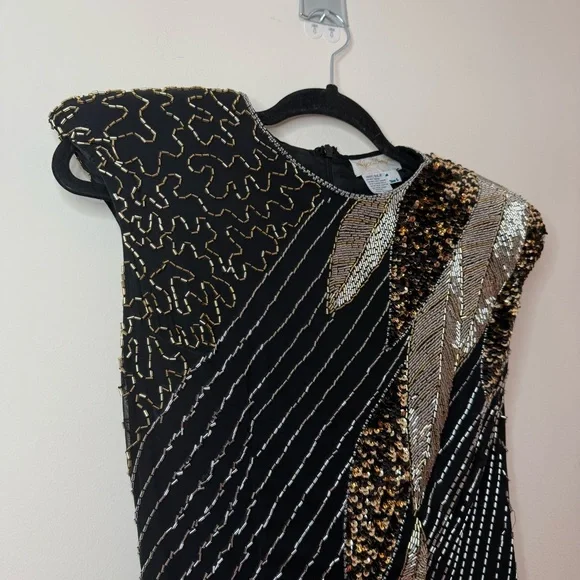 Authentic Vintage 20s Flapper 100% Silk Beaded Gold Black Flower Appliqué Dress
